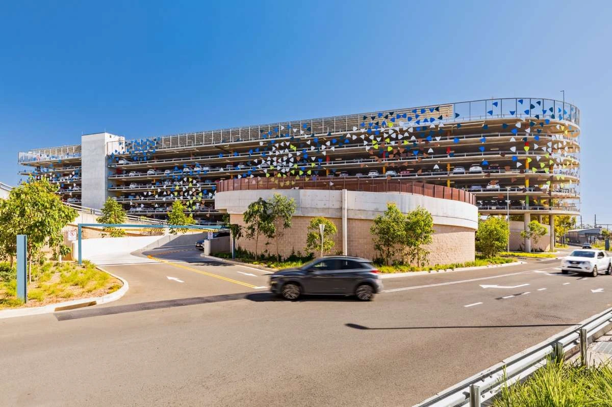 Vehicle crash barriers at multi-storey car park Multi-storey car park with installed vehicle crash barriers