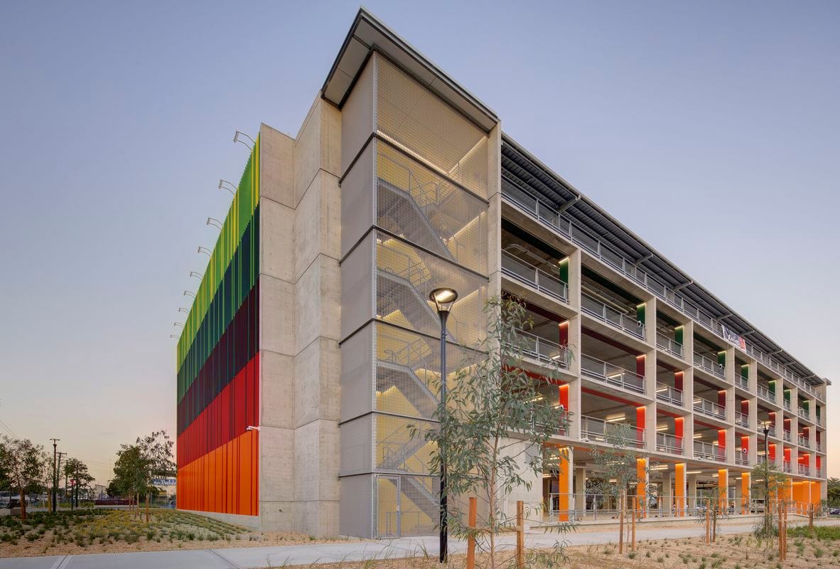 Campbelltown Commuter Carpark exterior with FutureGuard barriers, open facade design and colourful screening panels